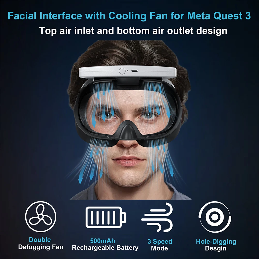 Facial Interface with Cooling Fan Air Circulation Breathable VR Cooling Fan with PU Face Cushion Pad for Meta Quest 3 VR Headset