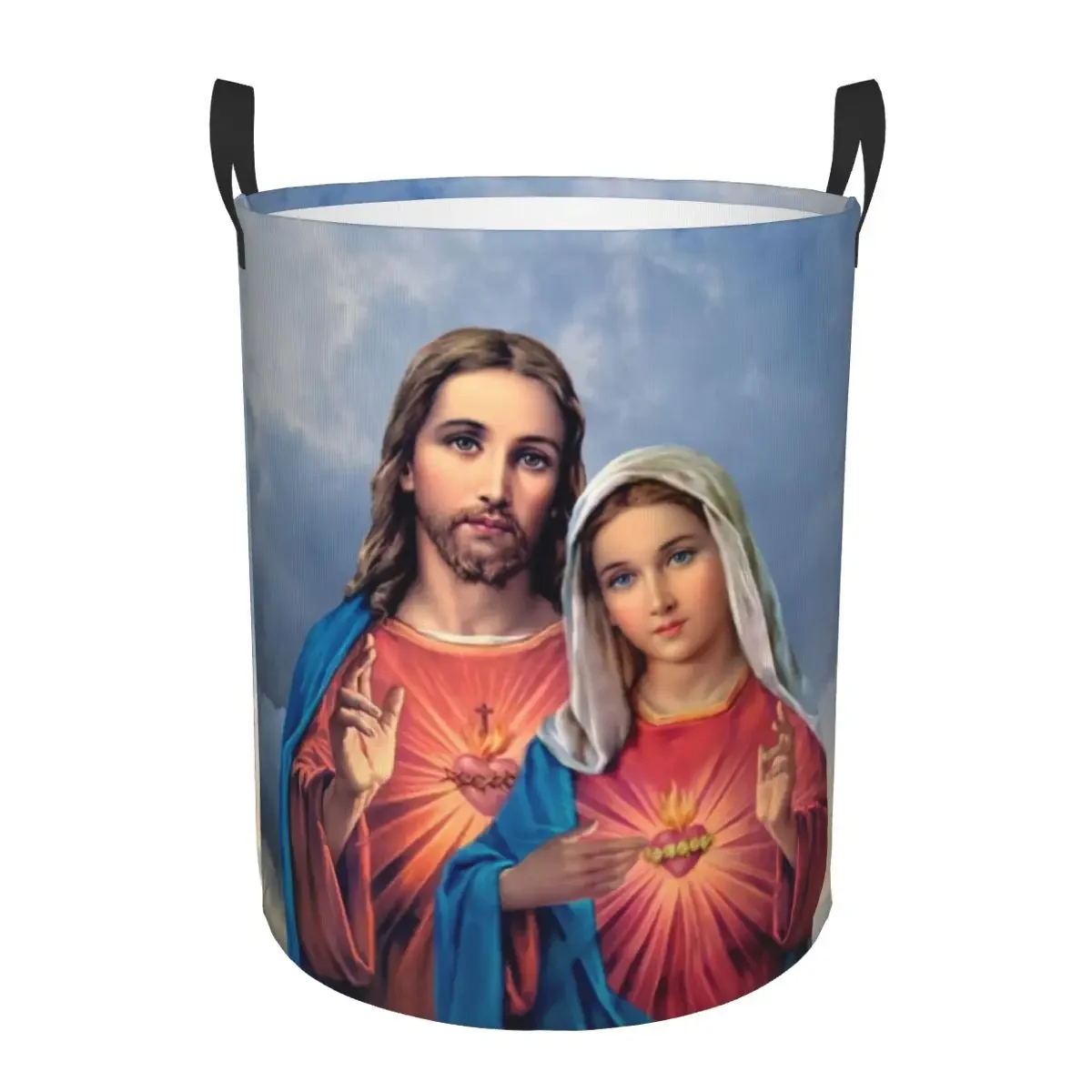 

Sacred and Immaculate Hearts Laundry Basket Collapsible Catholic Jesus and Mary Clothes Hamper for Nursery Kids Toys Storage Bin