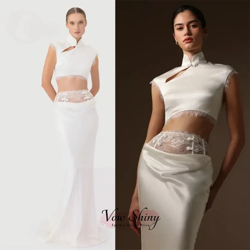 Vow Shiny Modern Two Piece High Neck Wedding Dresses For Woman Sleeveless Lace Panels Satin Mermaid Bridal Gown Customized