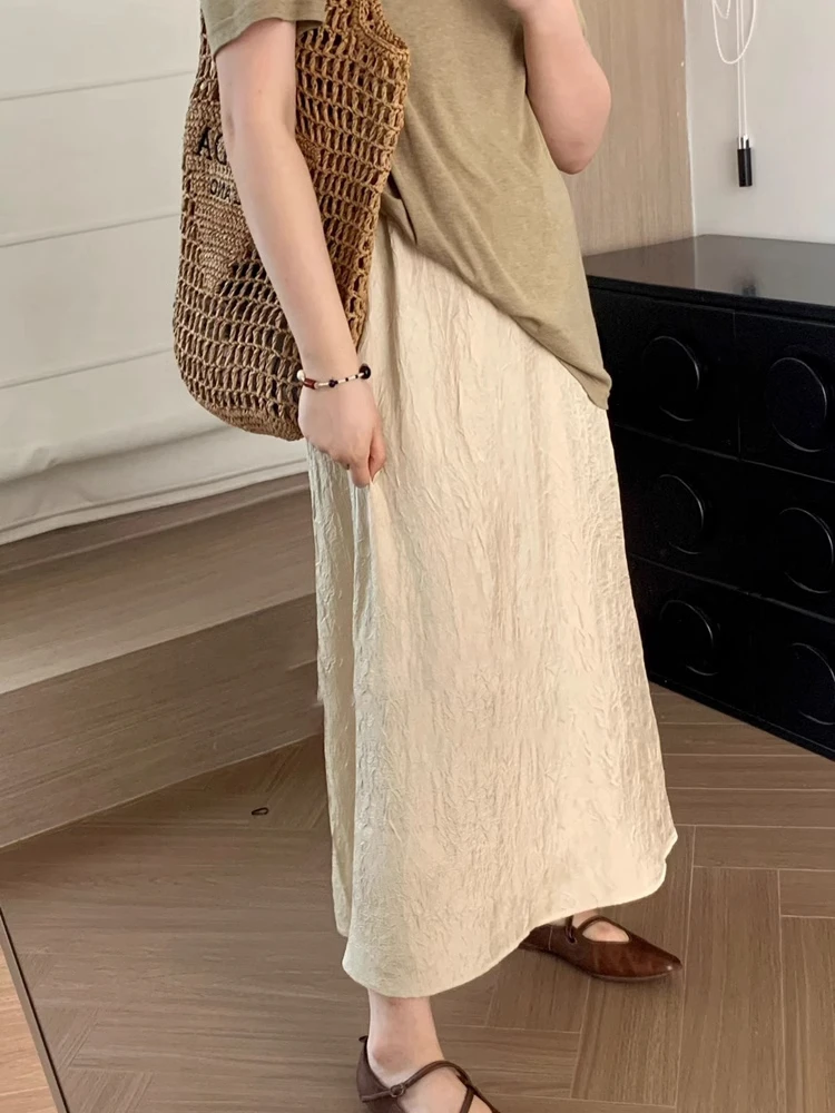 Korean Style Pleated Texture High Waist Straight Cut Midi Skirt Women's Summer Slimming Drapey A-Line Skirt Commute Style