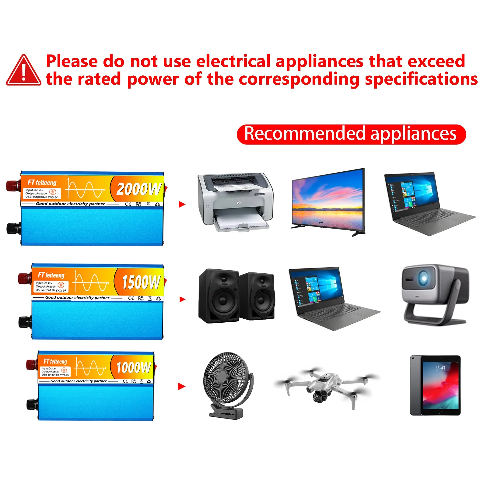 FT feiteeng 1000W 1500W 2000W محول طاقة موجة جيبية نقية 12V إلى 110V مع قابس أمريكي و2 USB - للمركبات الترفيهية والطاقة الشمسية والتخييم #6