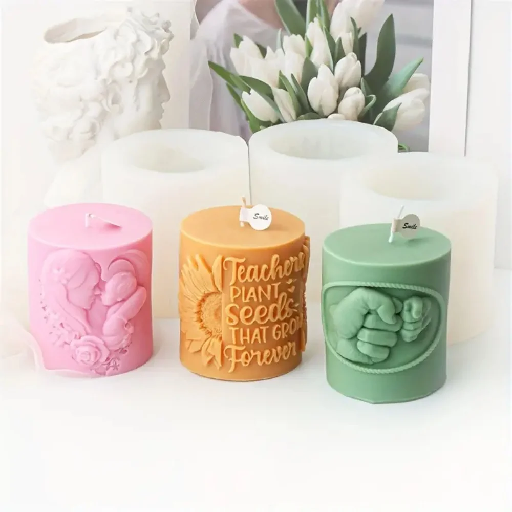 Teacher Best Dad Mother's Day Column Candle Mold Mom Holding Baby Sunflower Cylindrical Silicone Mold Soy Wax Candle Gypsum