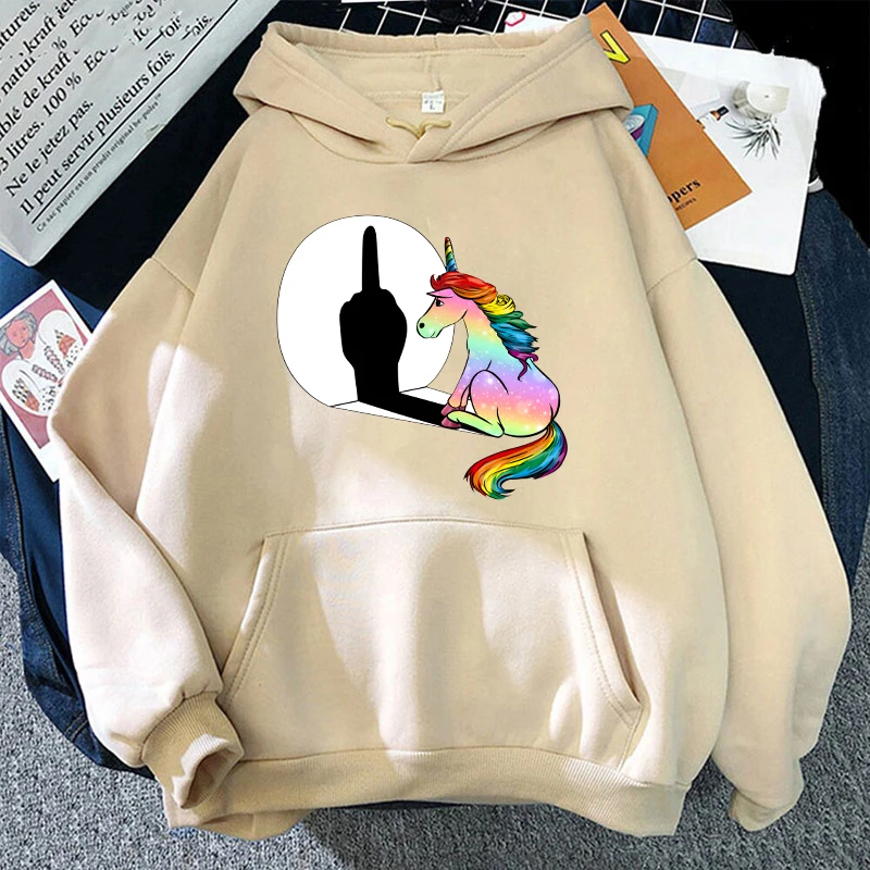 

New Cartoon Unicorn Middle Finger Print Hooded Fashion Women Men Sweatshirt Long Sleeve Casual Tops Harajuku Sweatshirt