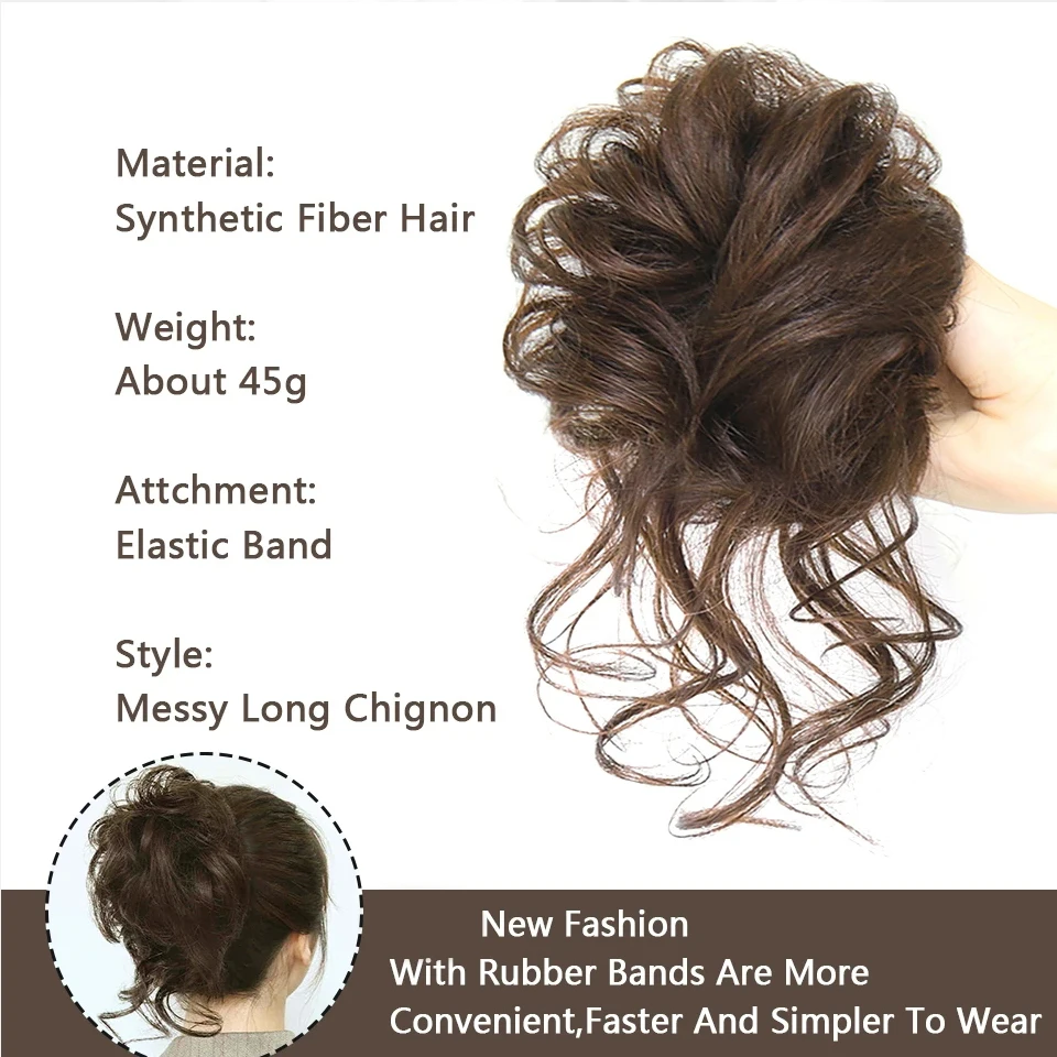 LUPU Moño Sintético Despeinado, Chignon, Rizado, Banda Elástica, Scrunchy, Postizos, para Mujeres, Negro, Marrón 2