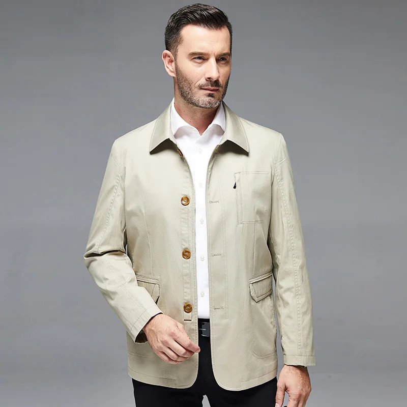 Spring Autumn New Men's Jacket Pure Cotton Polo Collar Mens Coat Business Casual Outwears Male Clothes Single Breasted FCY4686