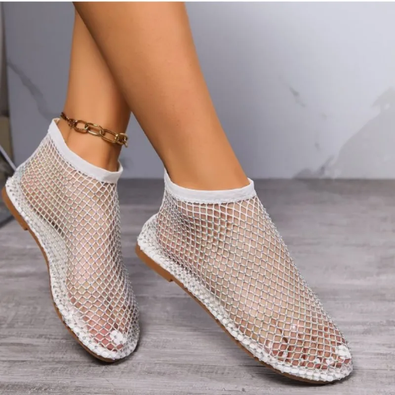 Fashion Elegant Beach Rhinestone Casual Short Boots Women's Shoes Summer Comfortable Hollow Mesh Breathable Flat Sandals