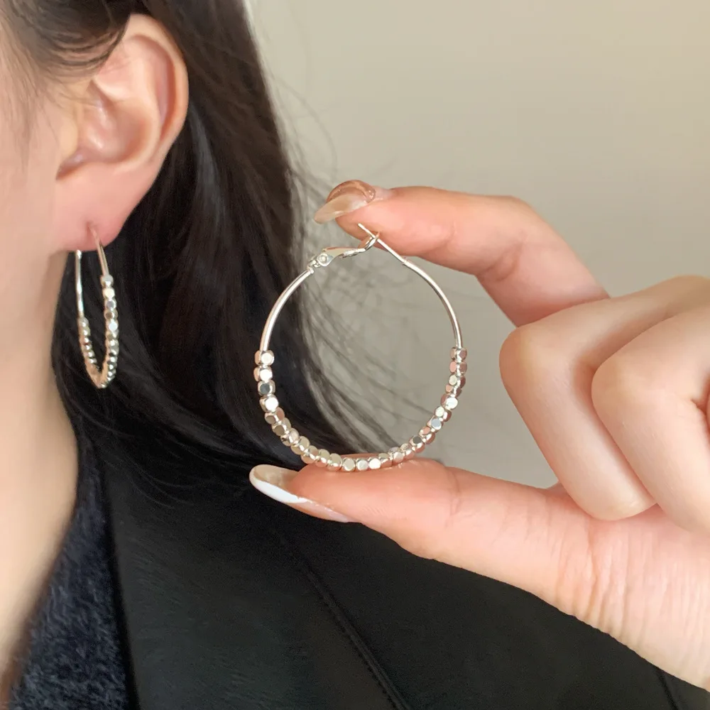 

925 Sterling Silver Bead Exaggerated Hoop Earrings for Women Minimalist Big Round Earrings Fine Jewelry Trendy Accessories