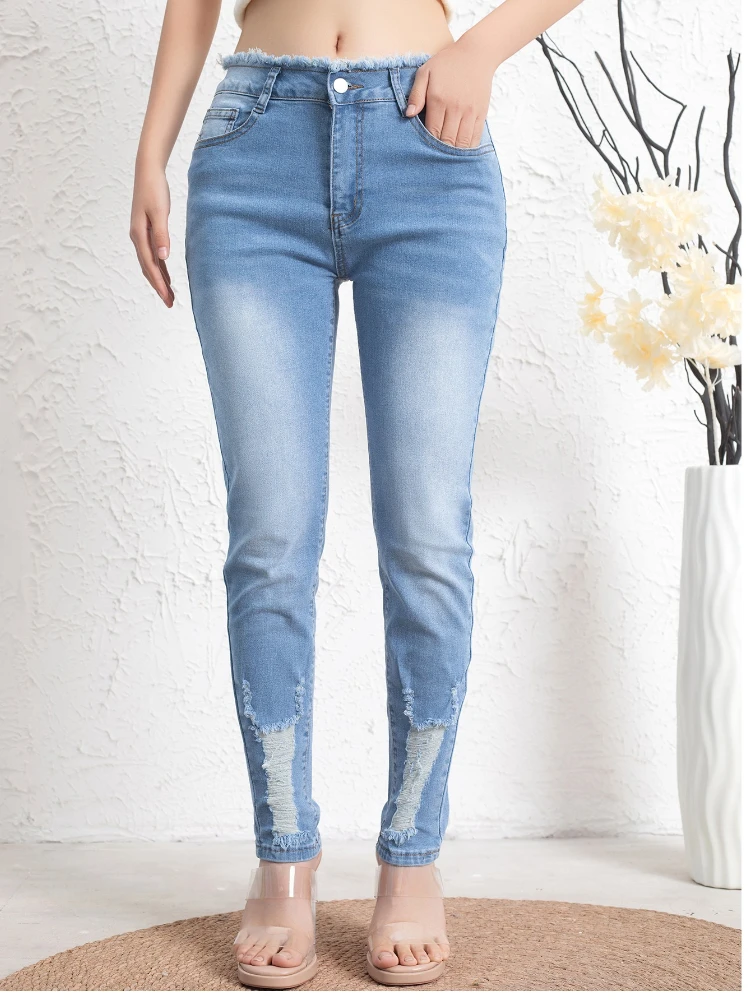 

Новые женские рваные джинсы с высокой талией, облегающие, стрейч, в стиле Харадзюку, модные, универсальные, из денима