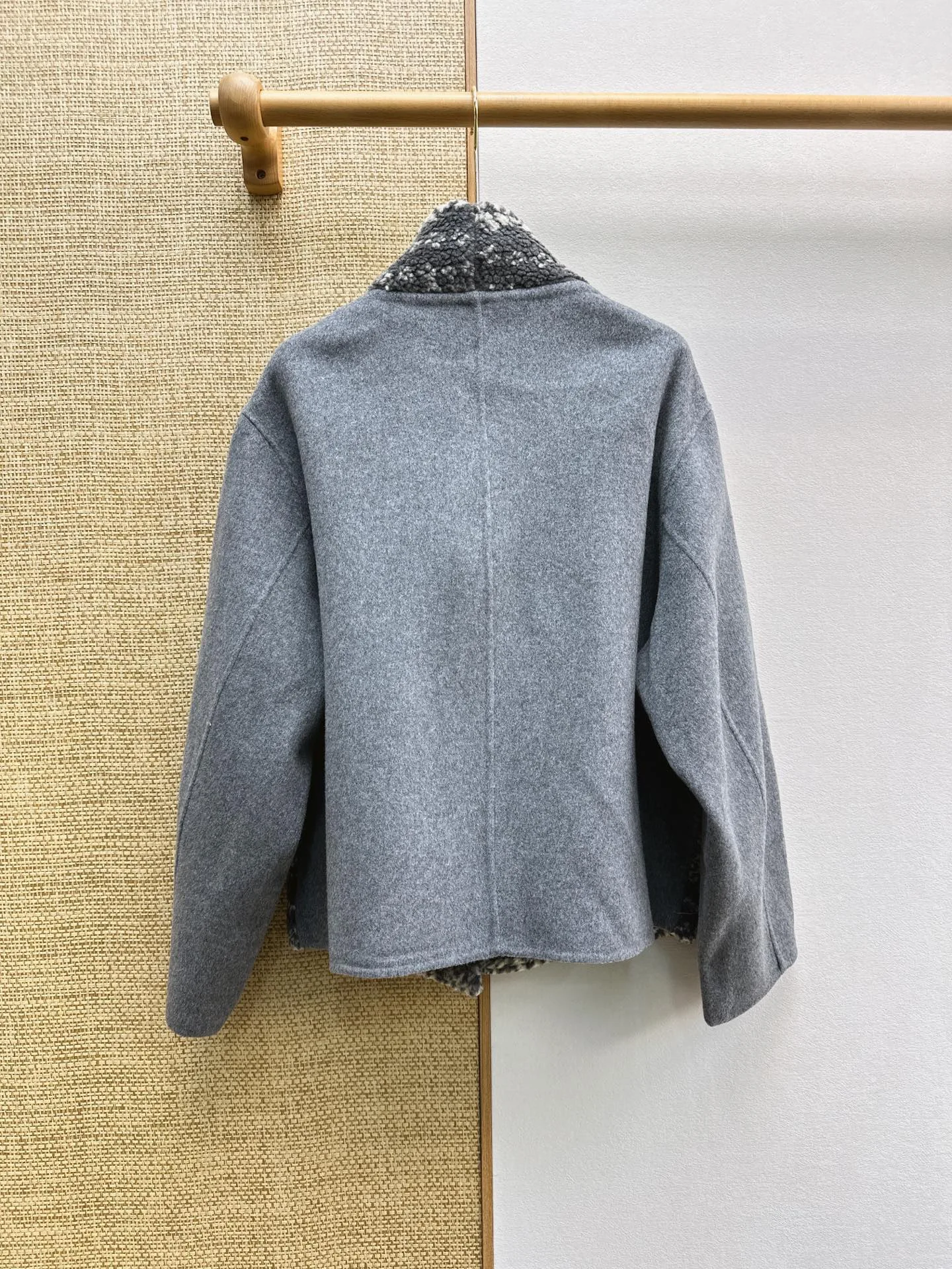 Women Fall Winter Jacquard Sherpa Spliced Coat High Collar Asymmetric Horn Button Vintage Double Faced Wool Jacket