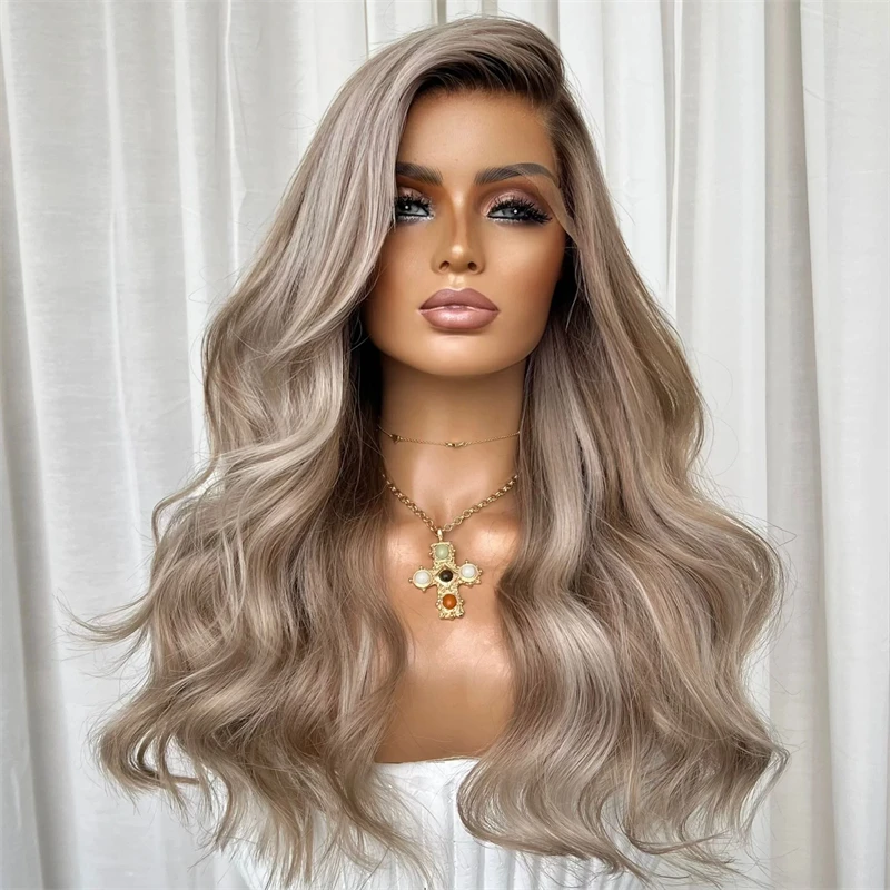 

Топ Швейцарский HD Кружева 13x4 Ombre Пепельно-русый Коричневый Синтетический Парик Фронта Шнурка Маленький/Большой Размер Кепка Предварительно Сорванная Линия Волос Термостойкая