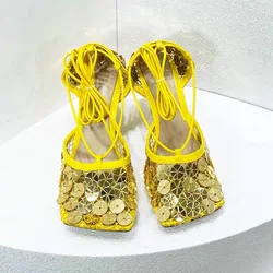 Crystal Lace-Up Sandals Summer Ladies New Mesh Square Toe Sequin Cross Strap Fashion Show Sandals Green Yellow Red Size 42