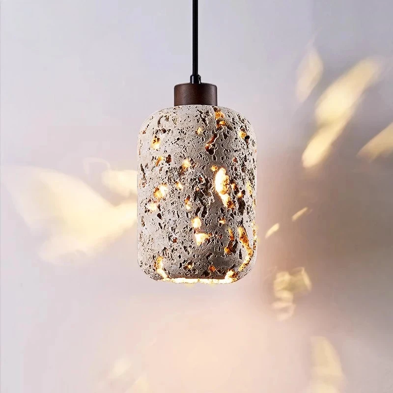 Japanese Wabi Sabi Cylindrical Hollow-out Yellow Travertine Led Pendant Light Living Room Bedroom Study Atmosphere Hanging Lamp