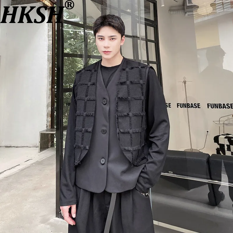 HKSH Spring Autumn New Men Dark Double Layer Design Sense Tassel Spliced Plaid Loose Waistcoat Tide Punk Ins Casual Vest HK18644