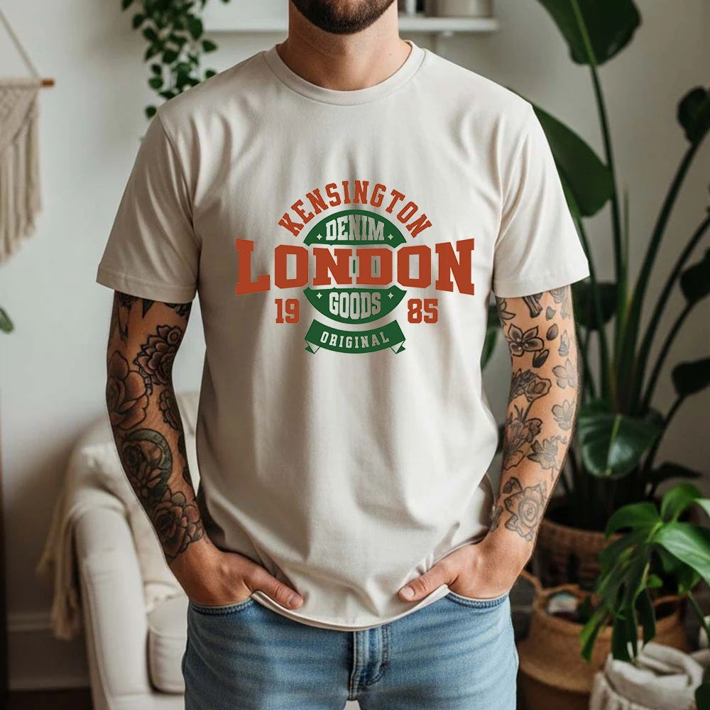 New Summer 100% Cotton T-Shirt Kensington London 1985 Retro Workwear British Casual Style Oversized Breathable Short Sleeve