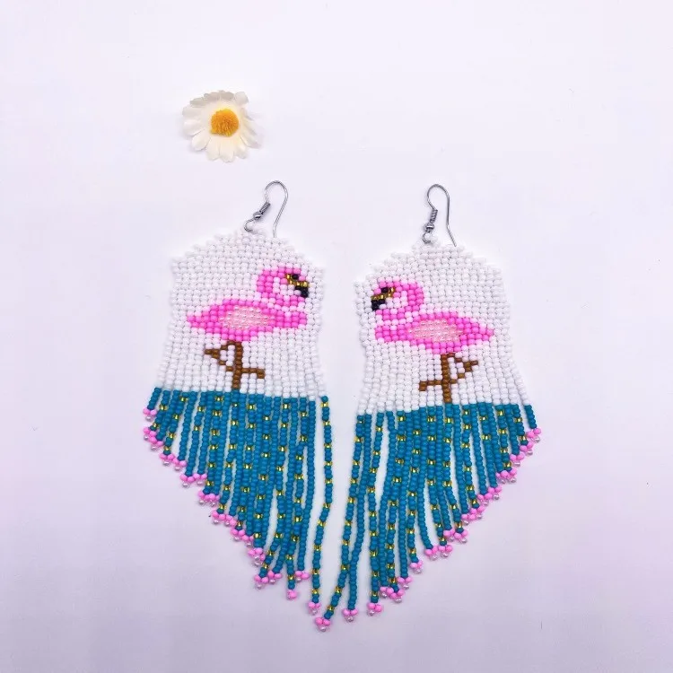 Beaded earrings Tassel Maple Flamingo Design Originality Hand knitting Bohemia Alloy Tide Simple Rice bead earrings