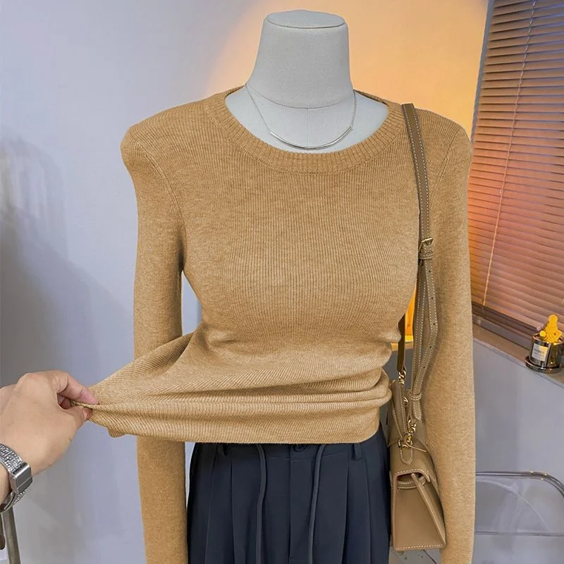 

Autumn Winter Long-sleeved Solid Color Thread Versatile Sweater Women's Bottoming Pullover Sweater Round Neck Slim Top New
