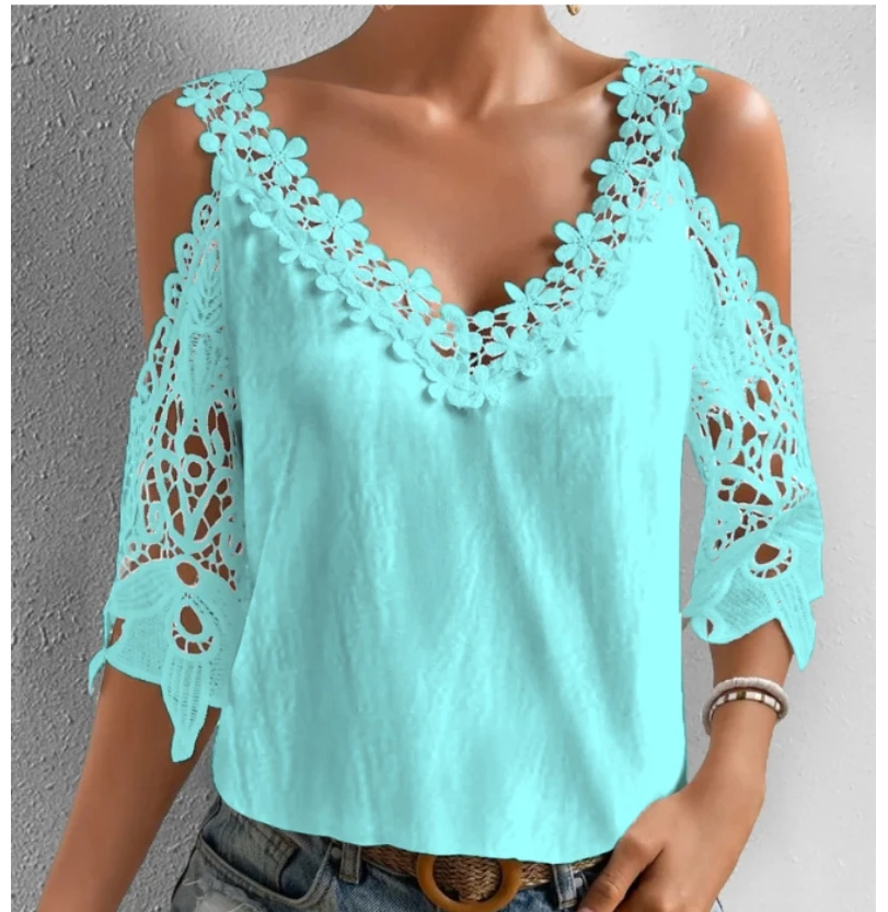 Frauen Mode Bluse Hemd Sexy Komfortable Löslich Spitze Kragen Hohl Ärmel Einfarbig Vielseitig Top Blusa Mujer Moda 2024