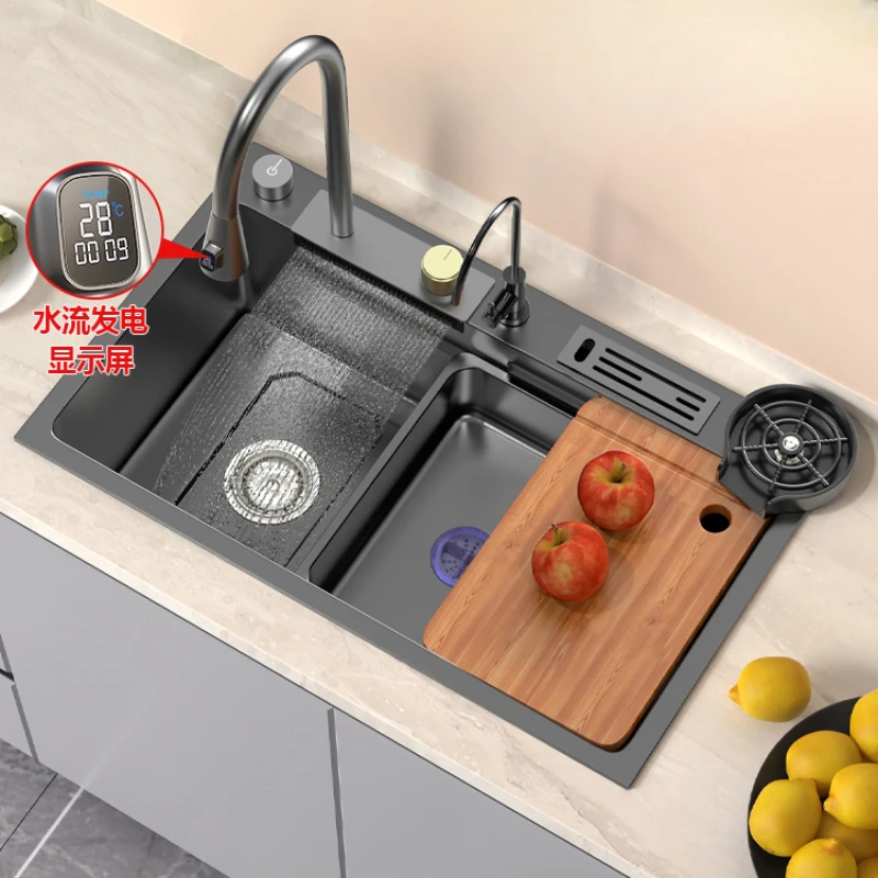 Feiyu Waterfall Digital Display 304 Stainless Steel Kitchen Sink Large Single-Slot Dishwasher The left side