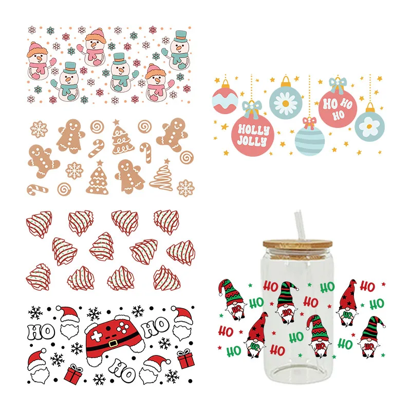 Christmas Themed UV DTF Cup Wrap Transfers Stickers Waterproof For Glass Decoration D5742