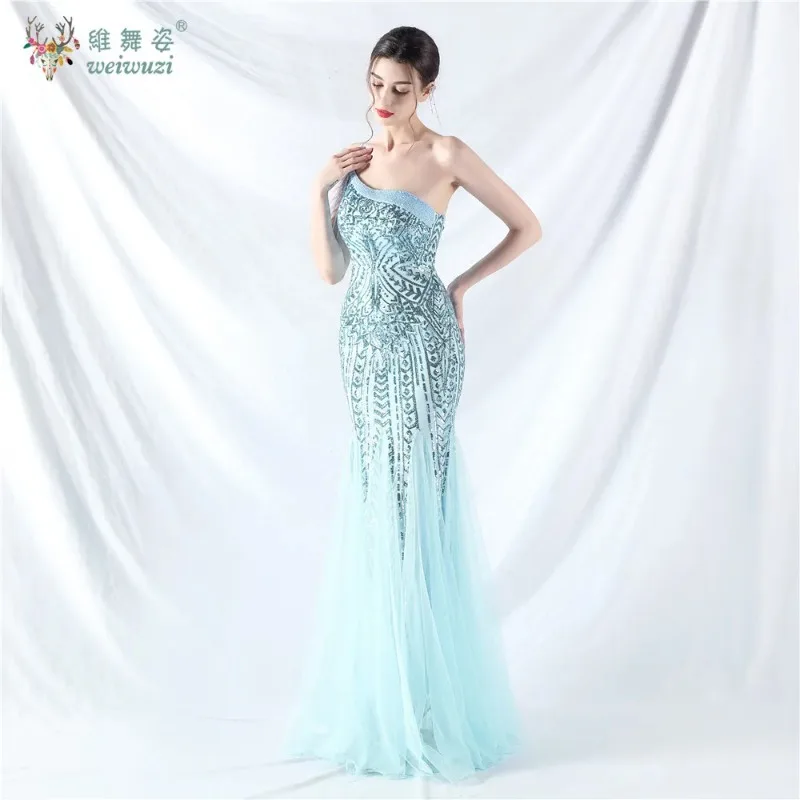 Vestido largo de cola de pez con lentejuelas y un hombro, vestido de noche de encaje ajustado con patrón de cuerdas y cuentas de cristal, vestido Formal con parte inferior de tul