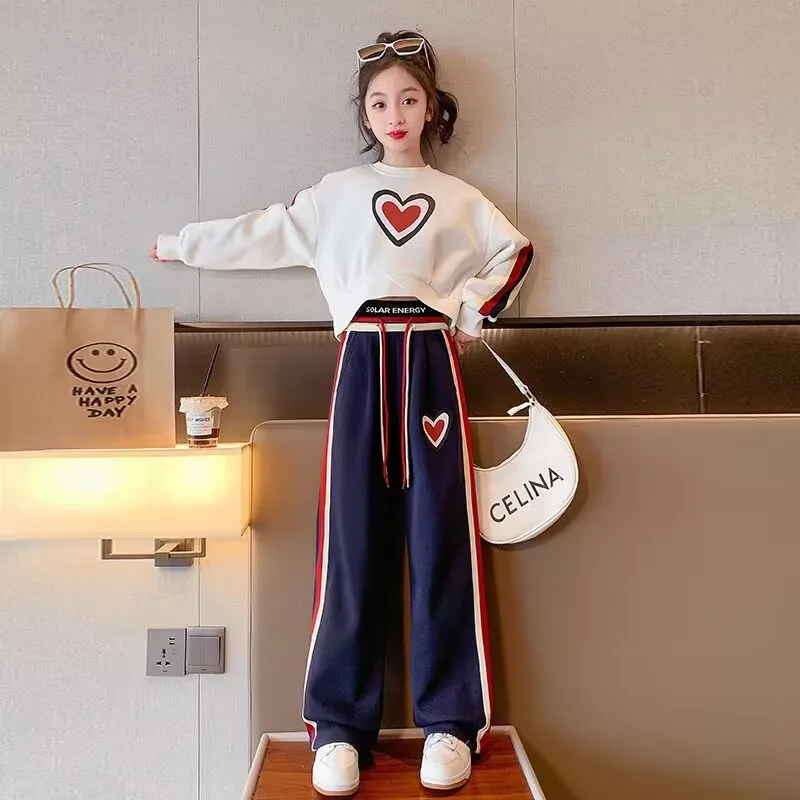 Fashion 2023 Girls Clothes Sets Autumn Kids Long Sleeve Sweatshirt + Wide Leg Pants Children Clothing Suits 6 8 10 12 14 Year