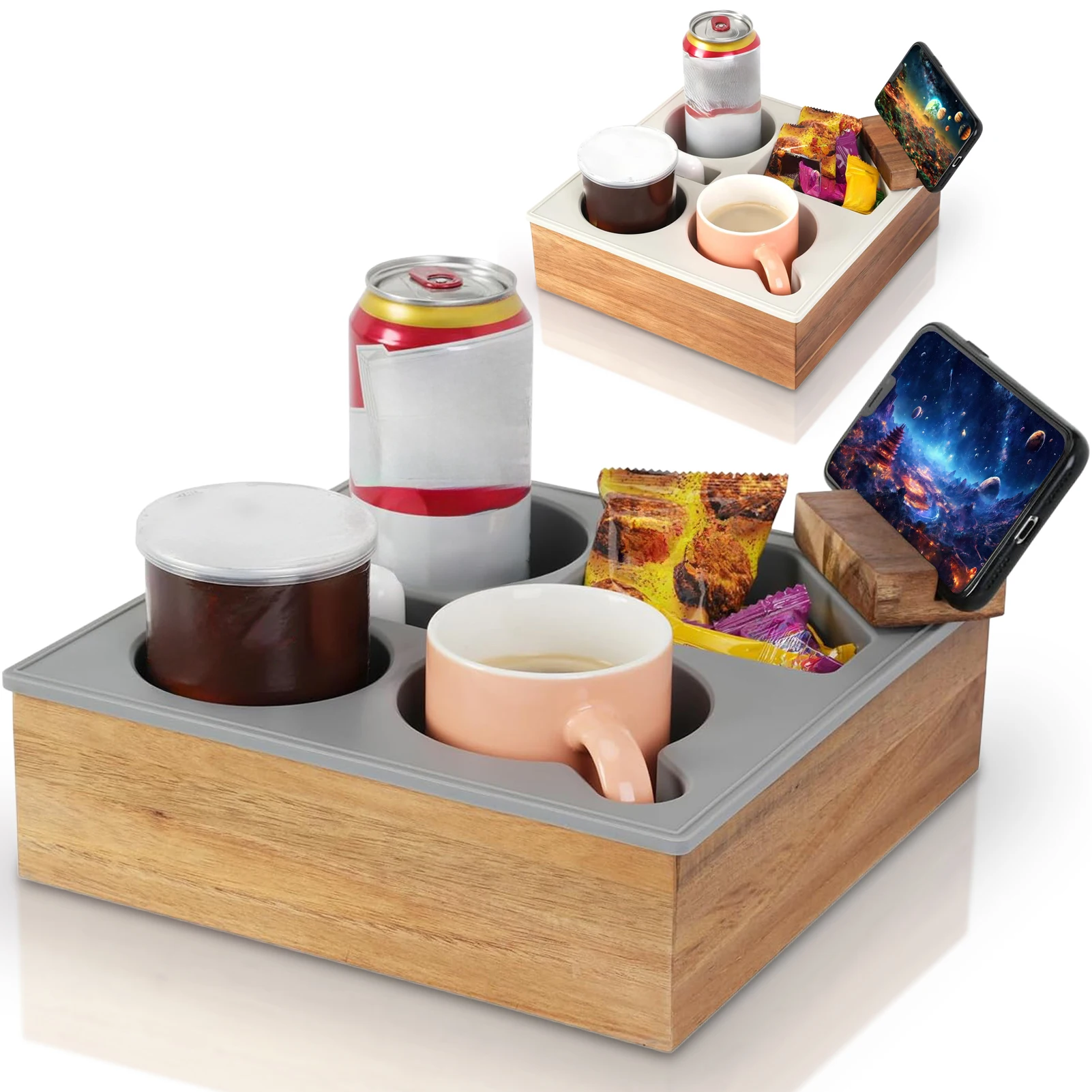 صينية وجبات خفيفة قابلة للإزالة لتناول الطعام ، حامل للوجبات الخفيفة للأريكة ، منظم أكواب الأريكة الخشبية ، صندوق قصير منزلي