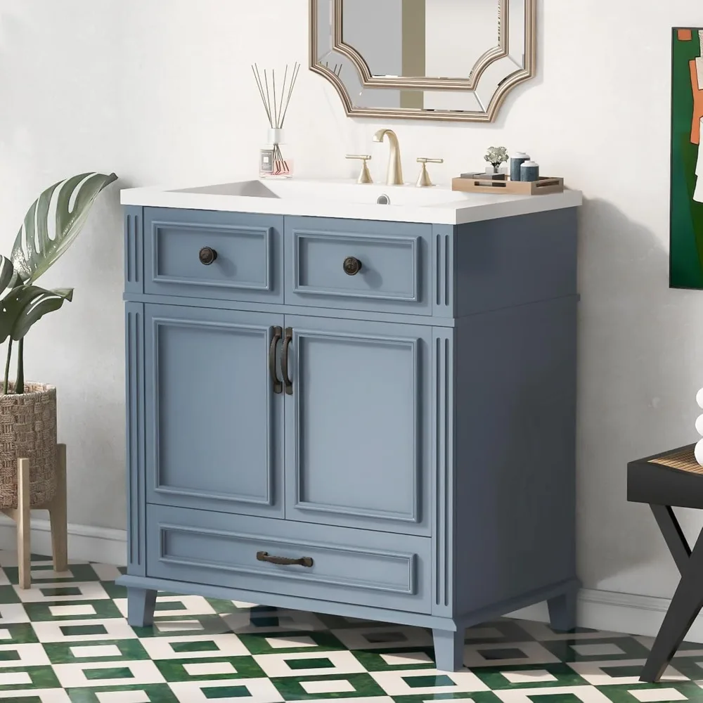 

30 Inch Bathroom Vanity with Sink Combo, Solid Wood Frame Bathroom Storage Cabinet with 2 Doors and 1 Drawer, Freestanding