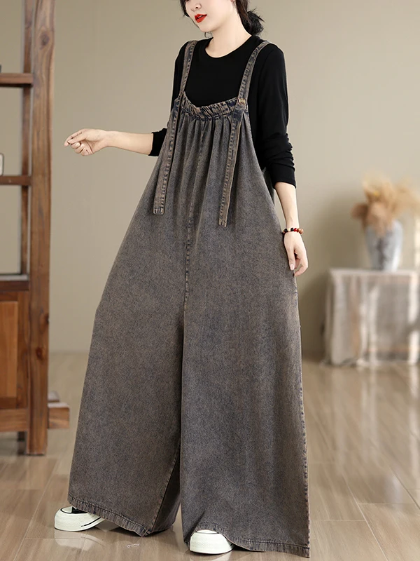 Retro Loose Slimming Washed Denim Overalls Large Size Women's Casual Wide Leg Pants Versatile Comfortable Cotton Blend
