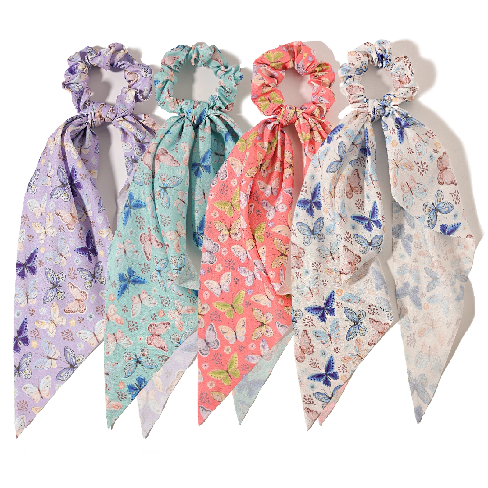 Butterfly Printed Knot Scarf Hair Bow Hair Ribbon Hair Ring Women Ponytail Hair Rope with Long Tail Elastic Hair Accessories