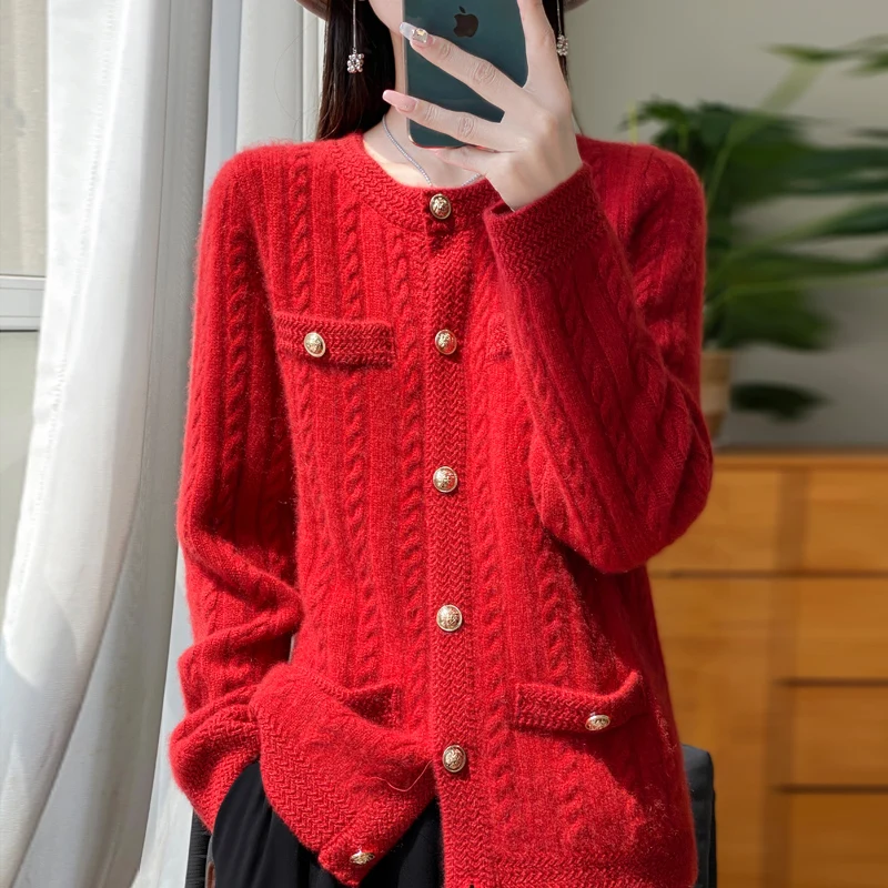 100% Merino Wool O-neck Cardigan Women's 2024 New Fashion Knit Top Women's Clothes Thick Solid Color Sweater Cardigan Jacket