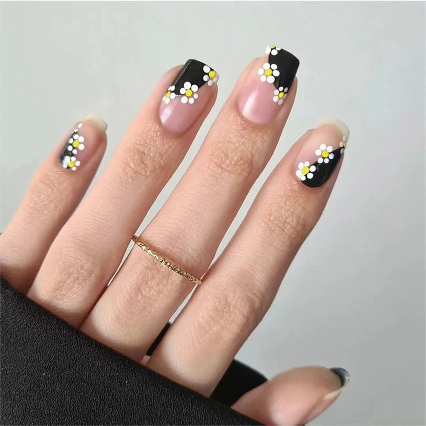 24Ps/Set Pink Edge French Fake Nails Art Full Cover Artificial Press on Acrylic Nails Ballerina Full Cover Coffin Stick on Nails
