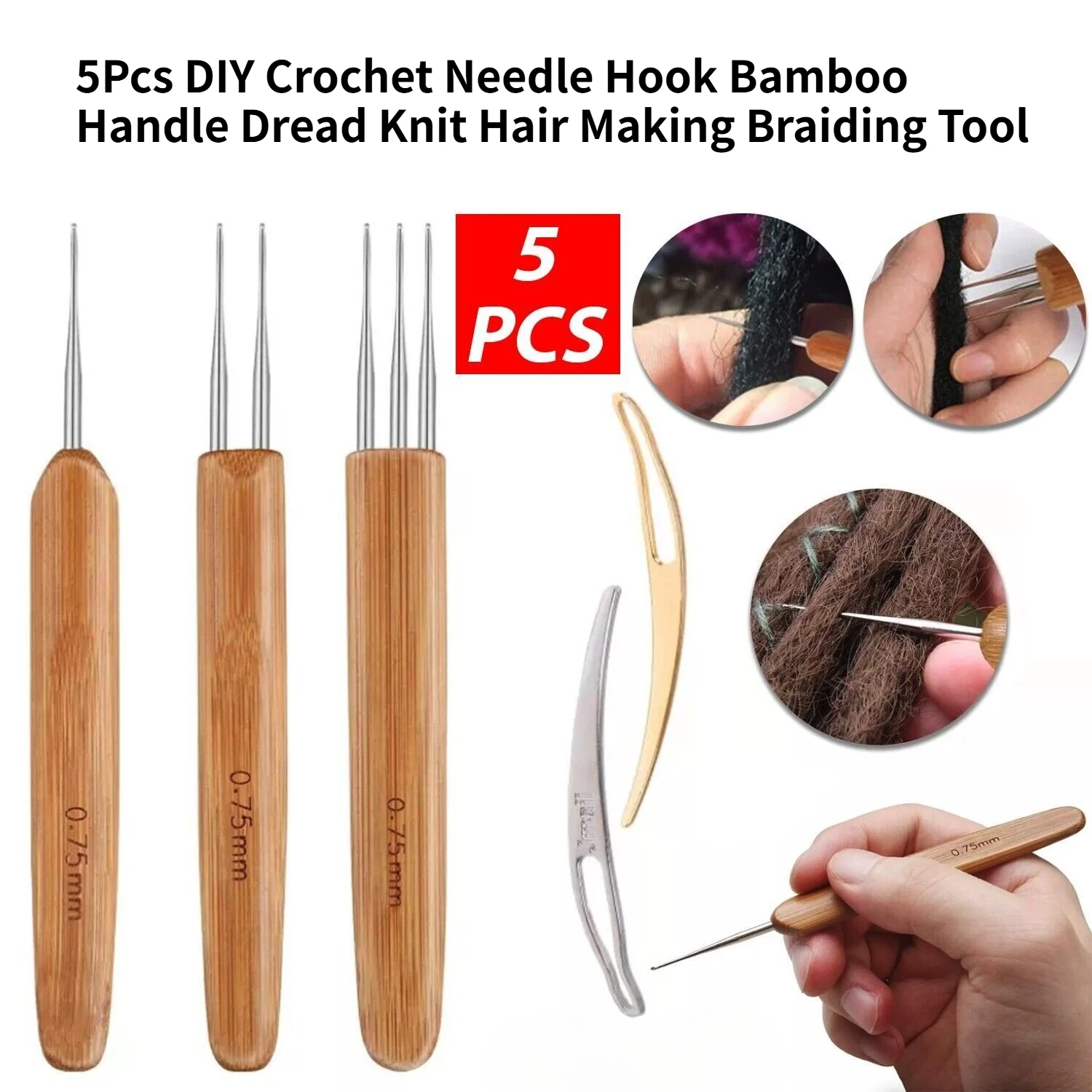 

5Pcs DIY Crochet Needle Hook Bamboo Handle Dread Knit Hair Making Braiding Tool