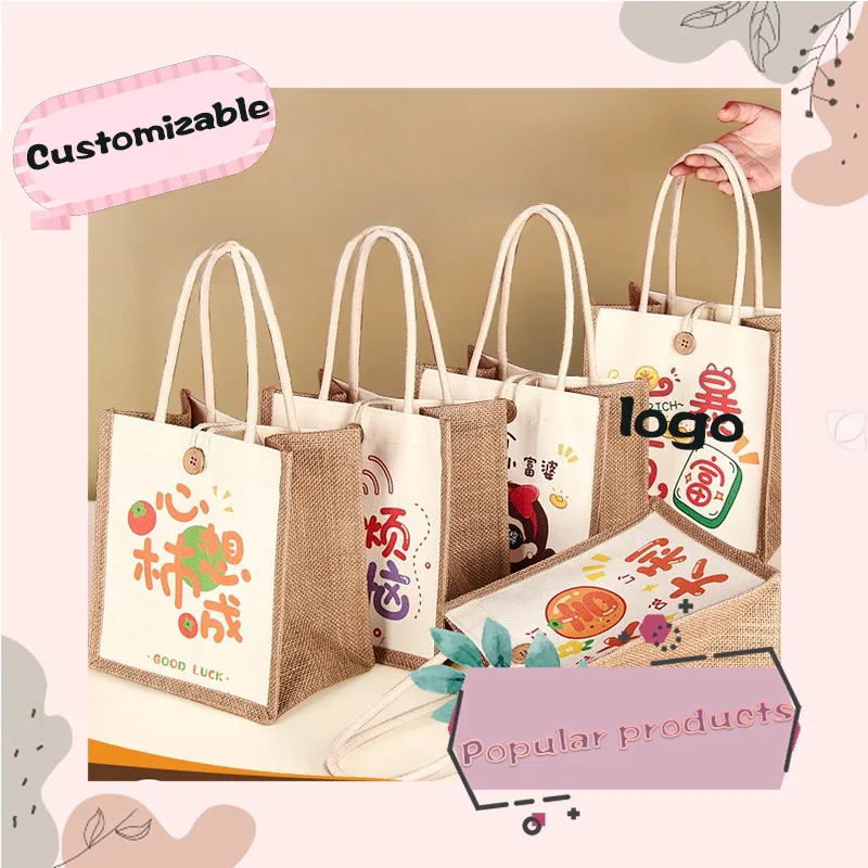 Linen Bag with Customized Logo Gift Jute Patchwork Handbag Three-dimensional Pouch