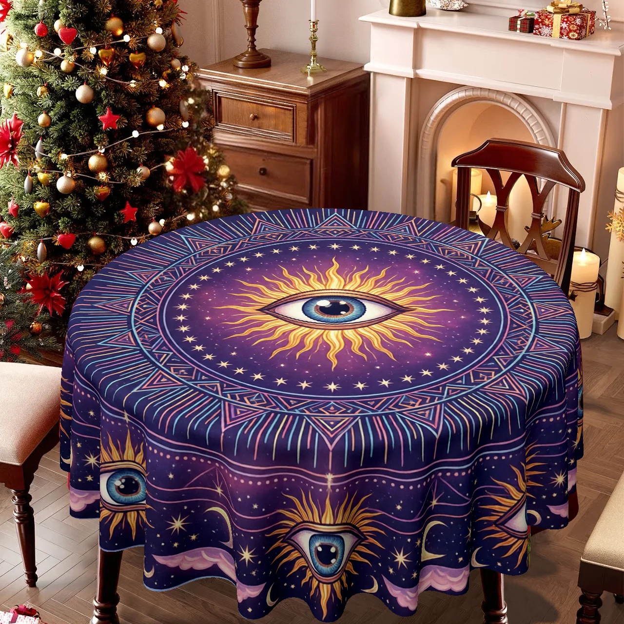 One tablecloth, featuring the mysterious omniscient eye and celestial theme, is perfect for Halloween and the occult.zyc