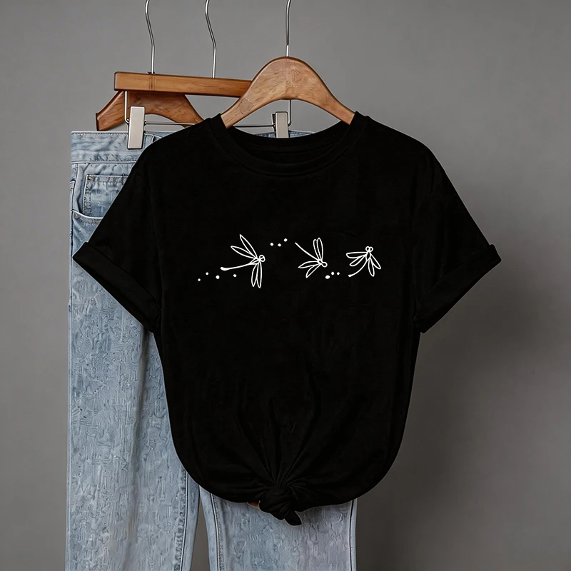 Damen-T-Shirt mit Rundhalsausschnitt und kurzen Ärmeln, künstlerischer Libellen-Druck, 90er-Jahre-Grafik, Y2k-T-Shirt, modische, lässige T-Shirt-Kleidung