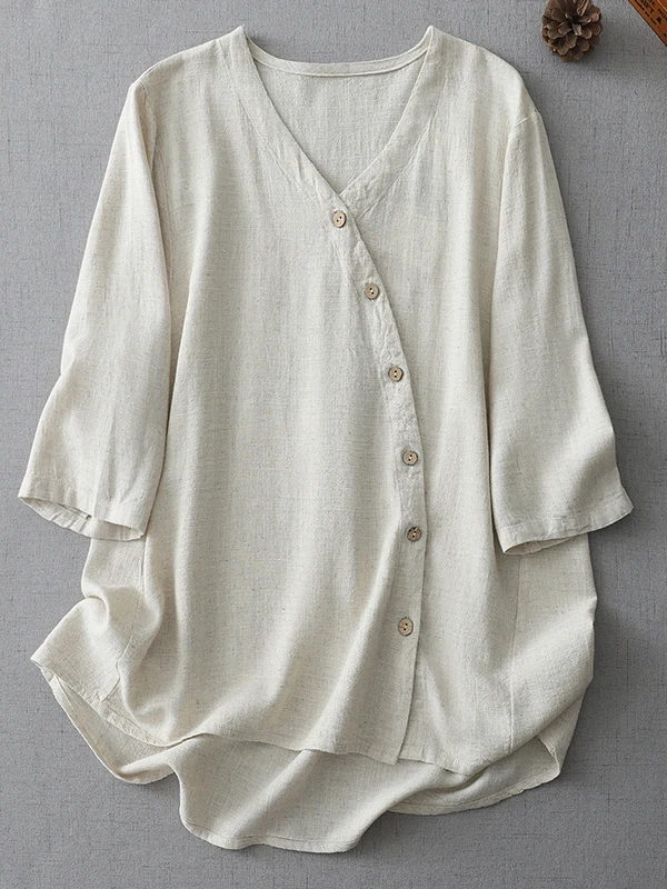 سترة بوهو سلي بيور كولور من القطن والكتان irt Jaet مقاس كبير للنساء بأزرار جانبية خمسة Sve V-Ne سترة صيفية مفتوحة #3