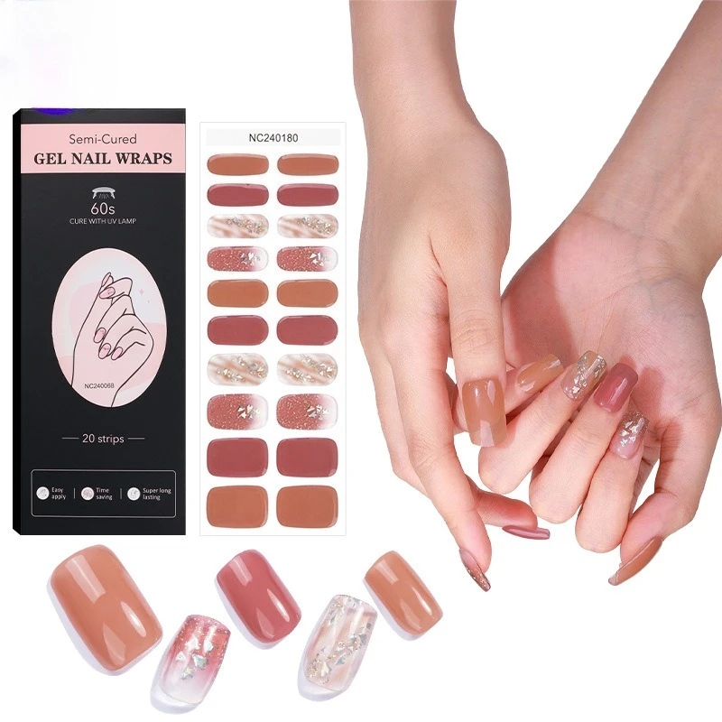 16Tip Cherry Red Semi-Cured Gel Nail Sticker Solid Long-Lasting UV Nail Sticker Full Cover Decals UV LED Extension Gel Nail Foil