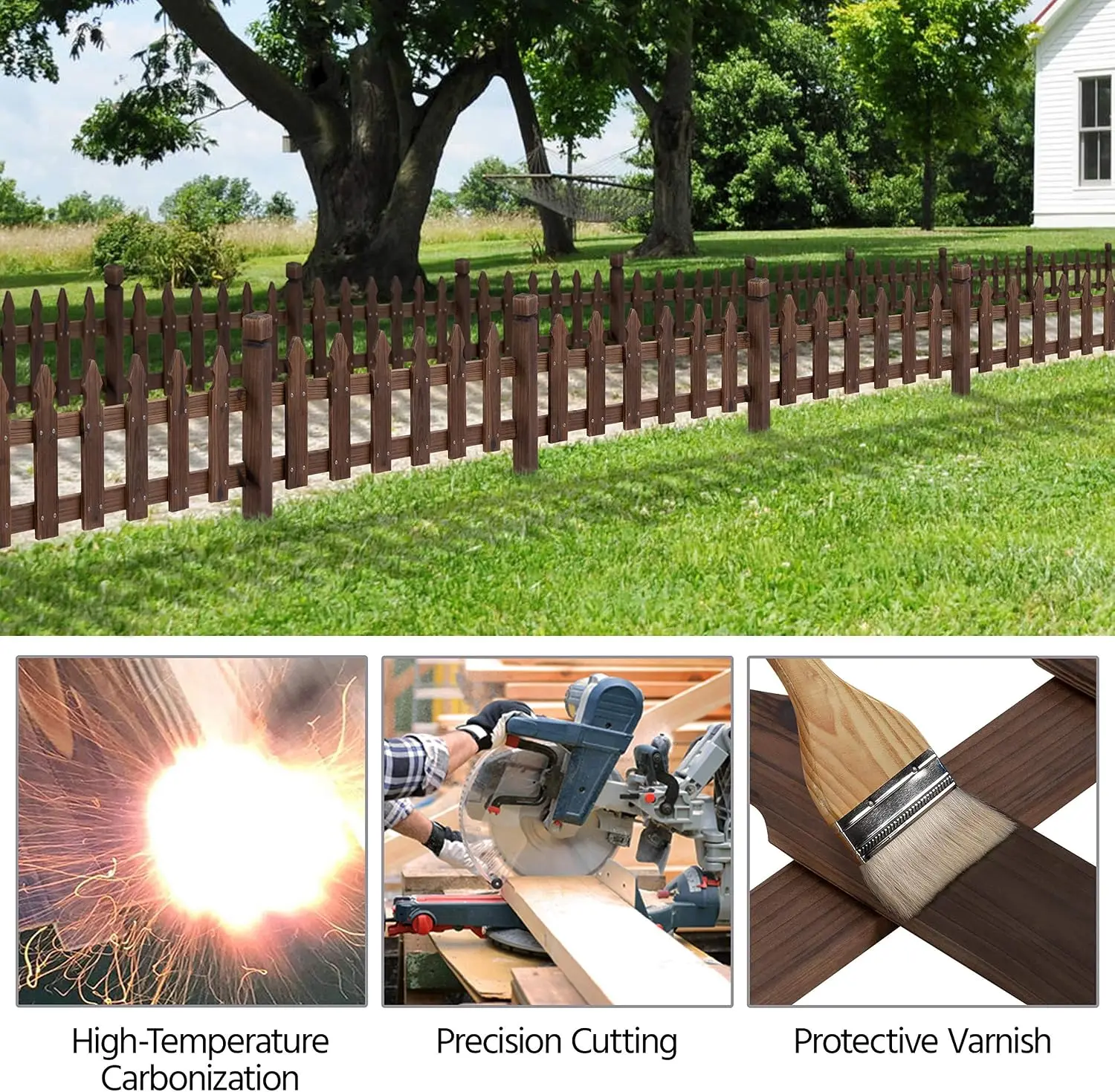 177.5-Inch Wooden Picket Fence for Garden – 5 Panels + 6 Posts + Hardware, Carbonized Rustic Finish, Easy Assembly, Low Maintenance