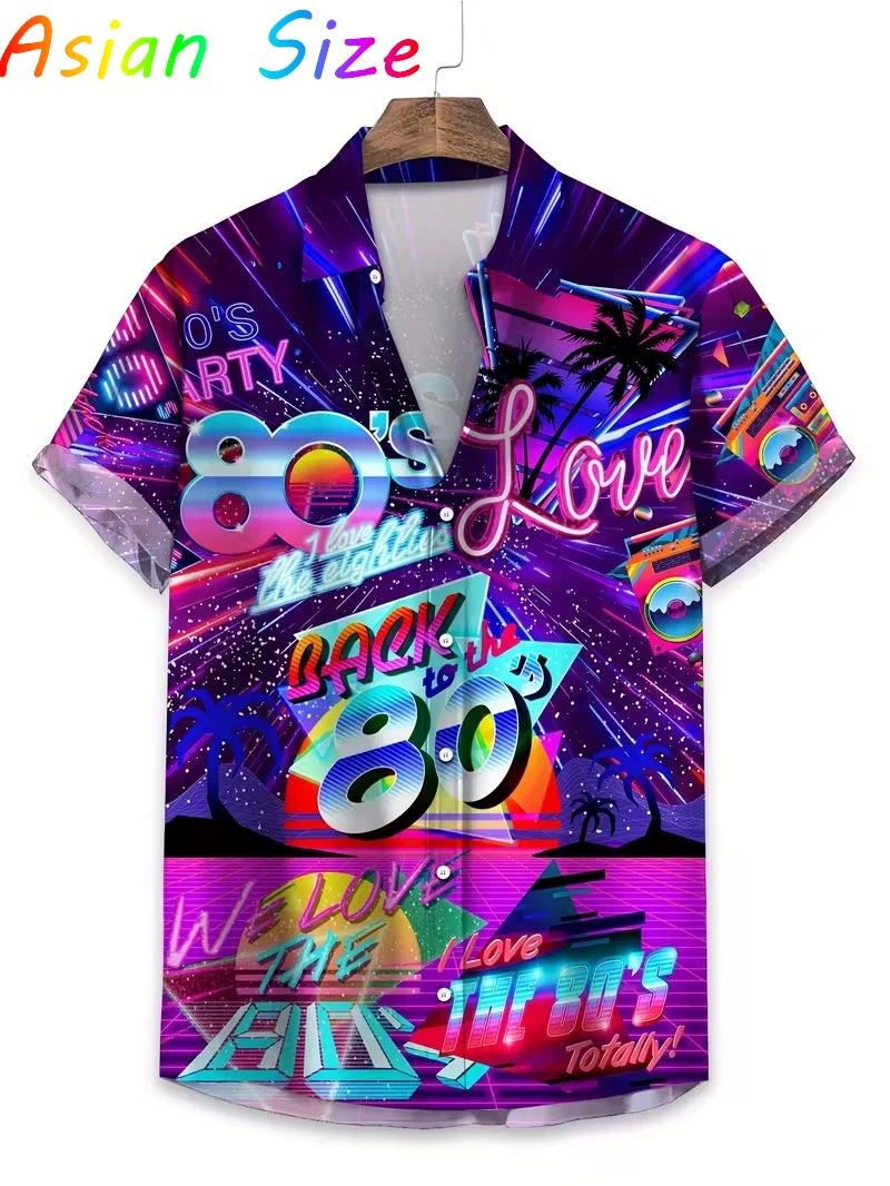 

Retro 80s Pop Art Hawaiian Shirt 2025 Neon Cassette Skateboard Headphone Shirt Vintage 90s Party Button-Up Summer Unisex Blouses