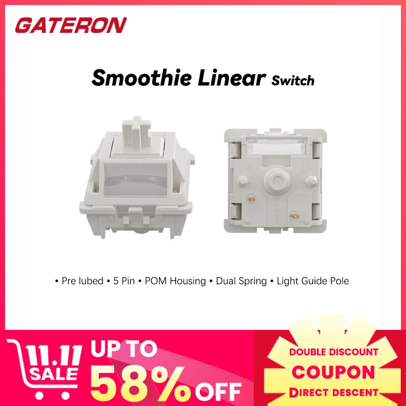 GATERON Smoothie Switch Linear Pre lubed 5 Pin POM Dual Spring With Light Guide Pole DIY For Mechanical Keyboard Switches