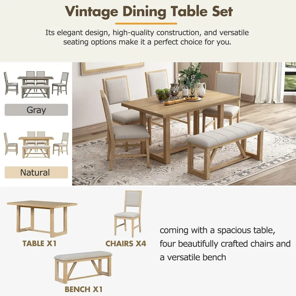 6 Piece Dining Table Set, Farmhouse Kitchen Table Set with 1 Rectangular Table with Design Trestle Base, 4 Upholstered Chairs image 5