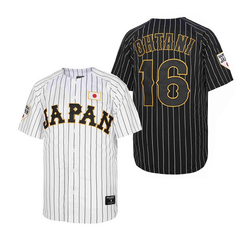 Camisa de beisebol Japão 16 OHTANI Bordado costurado barato de alta qualidade Roupa esportiva para atividades ao ar livre BRANCA com listras pretas SAMURAI