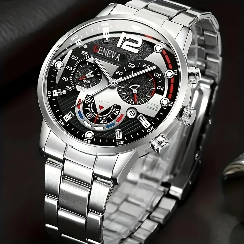 8-piece men's quartz watch set, featuring a black circular dial, bracelet, necklace, and ring