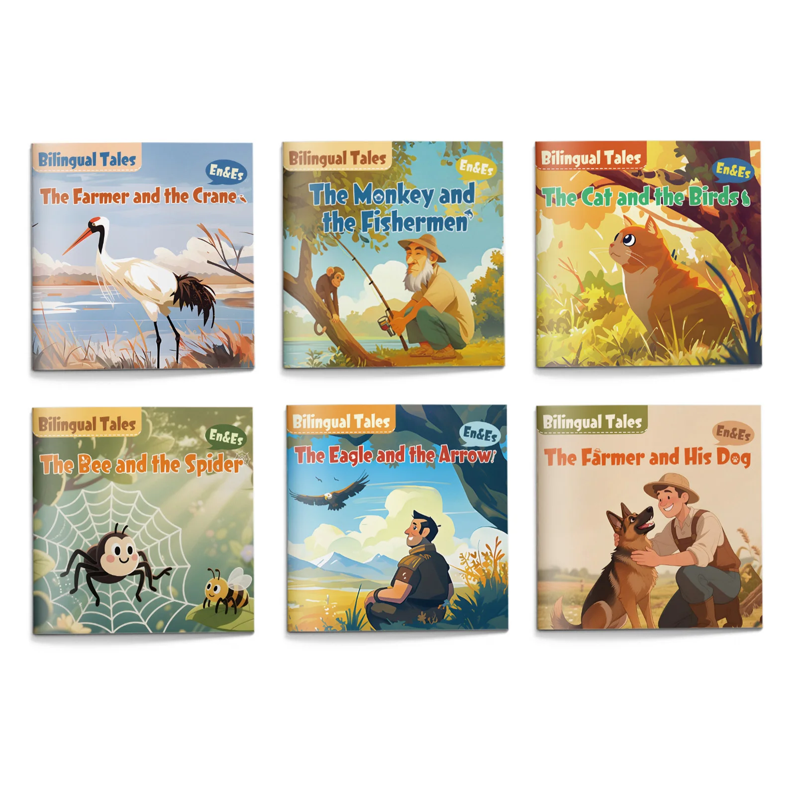 6-Volume English-Spanish Bilingual Tales Collection, Illustrated Animal and Classic Moral Stories with Farmers, Birds, Monkeys