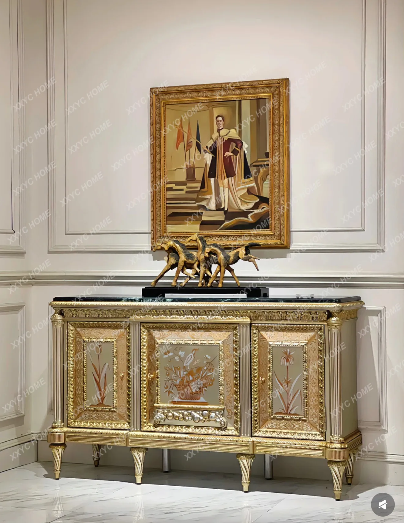 art painted dining side cabinet American villa luxury entrance cabinet solid wood carving flower shoe cabinet