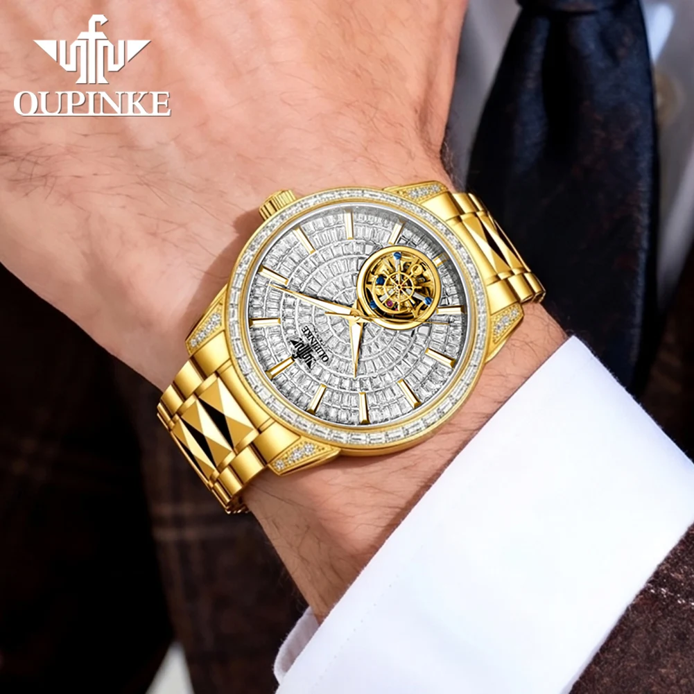 OUPINKE 3321 Full Diamond Men's Watch Luxury Top Brand Original Tungsten Steel Skeleton Flywheel Automatic Mechanical Man Watch