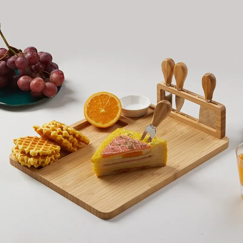 Bamboo Cheese Board Set with Square Wooden Board, Knife Holder, 4 Stainless Steel Knives, Dessert Plate