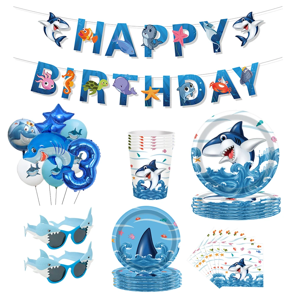 Shark Party Supplies Set Disposable Tableware Shark Plates Napkins Cups and Straws for Boys Kids Birthday Banner Signs Decorate