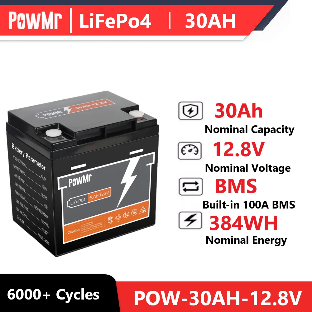Powmr 30ah Lifepo4 12V Lithium Battery Rechargeable Battery Pack for Solar