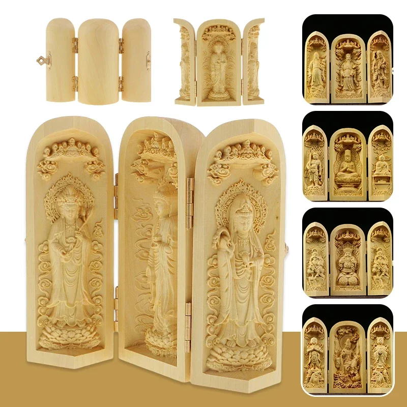 Caja plegable, adorno estatua Buda, esculturas Guanyin, tallado en madera  Dios de la riqueza, manualidades,